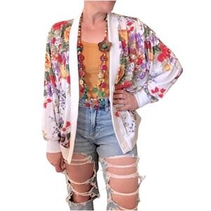 Blair Womens S Vintage Floral Cardigan Sweater White V-Neck USA 90s Cottagecore